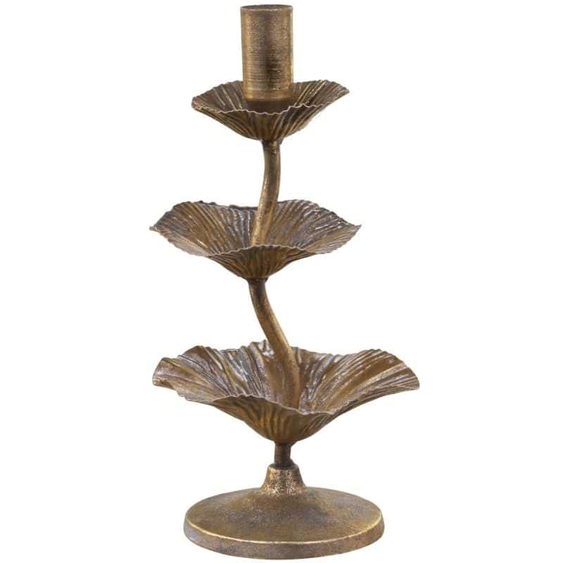 Candlestick with Leaf Decor - Antique Brass - 24cm | Lighting Accessories | Candle Holders | The Elms