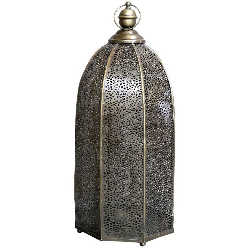 Antique Brass Lantern With Hole Pattern - 52.5cm | Hurricanes & Candle Holders | The Elm